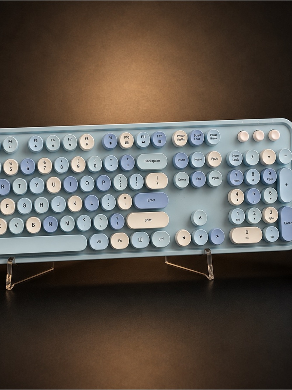 Wireless Round-Key Blue and Cream Keyboard - Sleek Modern Design